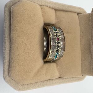 Vintage Wide Band Ring – Gold-Tone with Multicolor Stones – Boho Statement